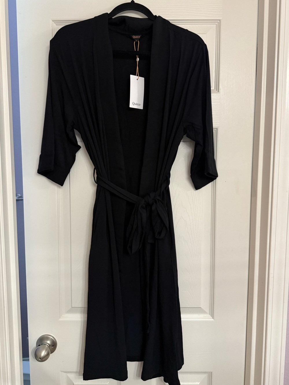 Quince Black Open-Front Lightweight Robe with Waist Tie